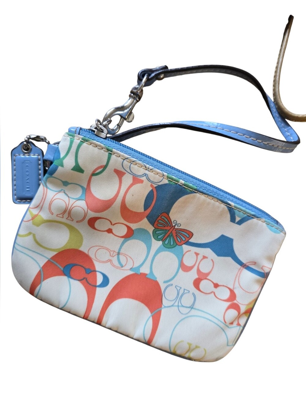 Coach Multicolor Signature Wristlet with Blue Trim and Butterfly